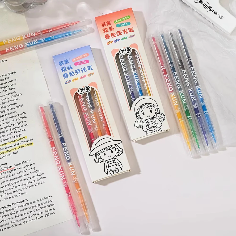 4/8Colors Dual Tip Highlighter Pen Set Fine & Chisel Fluorescent Markers for Journal Coloring Student School Office Stationery
