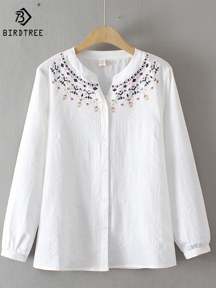 

New Autumn Artificial Cotton Shirts Women Basic Large Top Girl Embroidery Casual Retro Fashion Loose Blouses Spring 4XL T39374QM