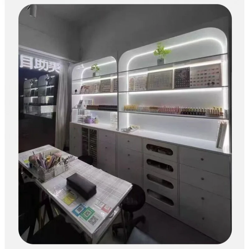 custom.Yicheng Beauty Wood Movable Nail Art Display Cabinet Nail Polish and Gel Storage with Cosmetic Display Sale
