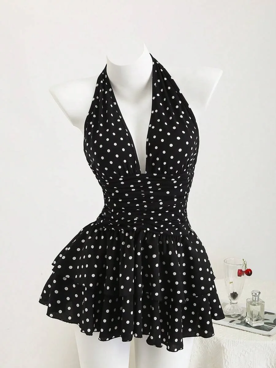 New Street Spicy Girl Digital Printed Design with Neck Hanging, Sleeveless Short, Thin Waist Cake Skirt