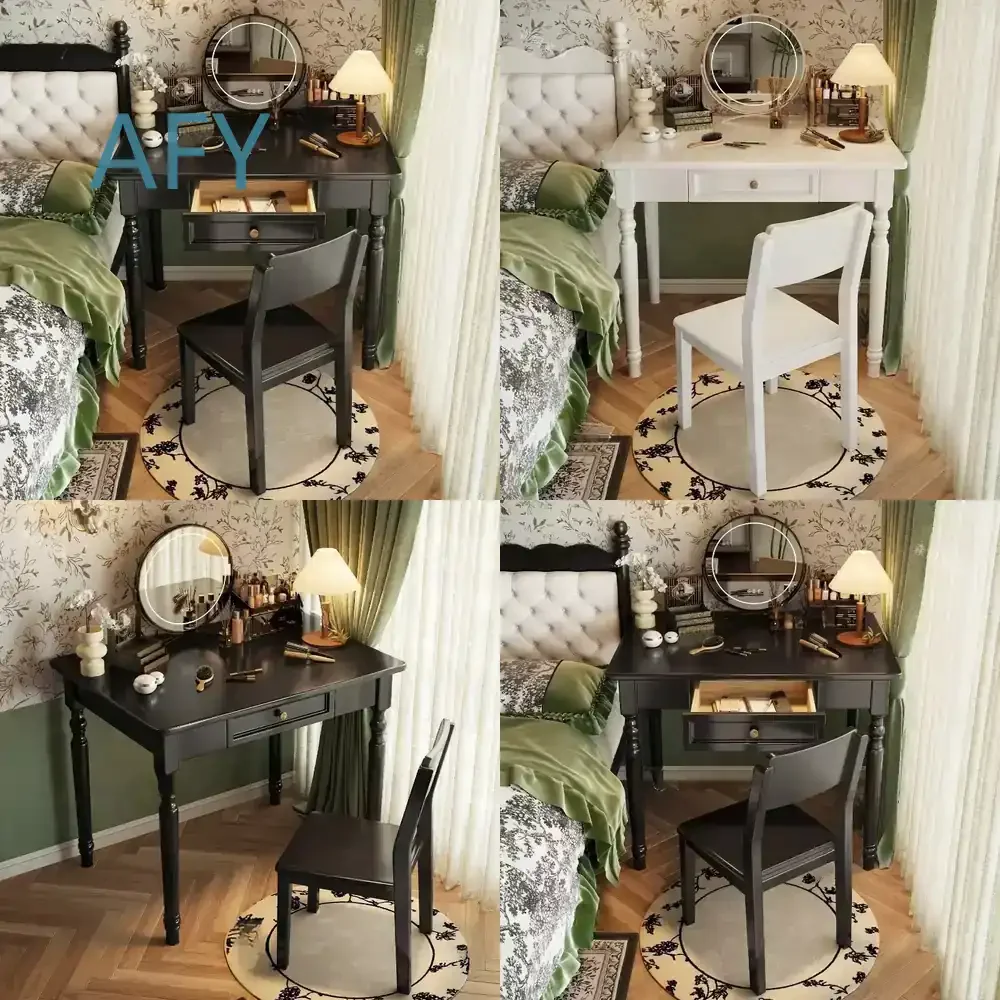French Vintage Makeup Desk for American Style Solid Wood Computer Table with Drawer Space-Saving Bedside Organizer