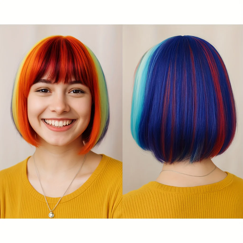 Women's Synthetic Fiber Wig with Bangs Short Straight Bob Style Perfect for Cosplay Parties