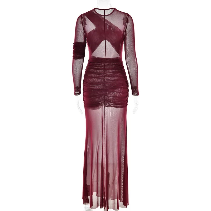 Sheer Mesh Patchwork Geraffte Bodycon Maxi Party Kleid Frauen Sexy Durchsichtig Oansatz Volle Hülse Dünne Clubwear Urlaub Lange Robe