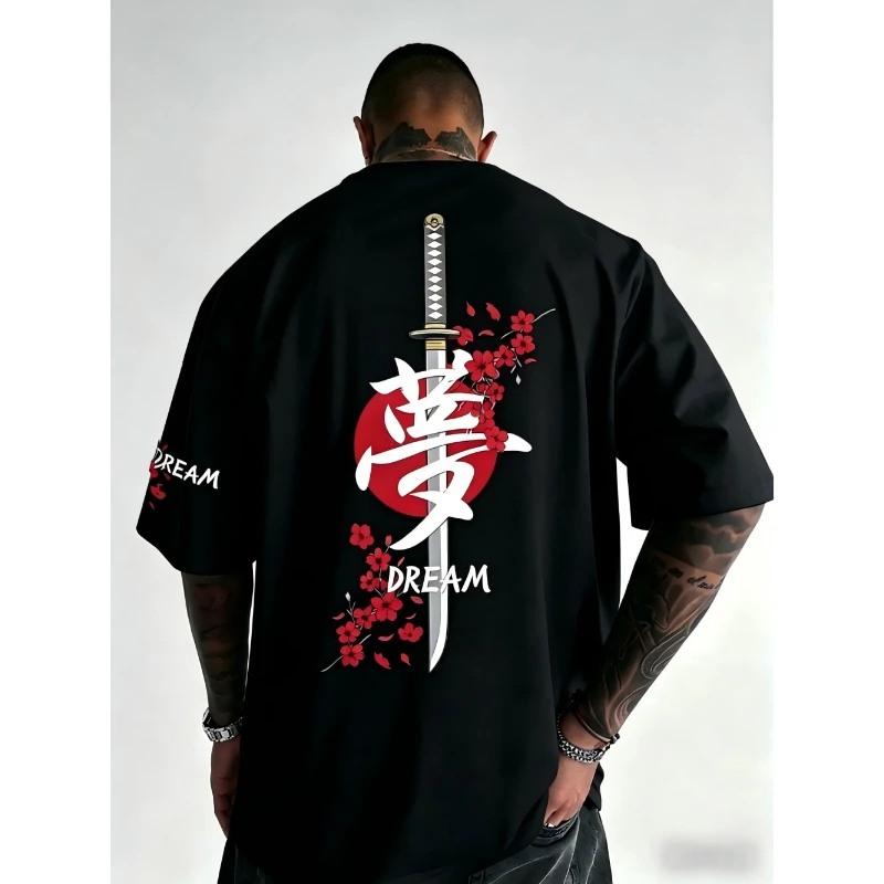 Men's Summer Fashion Samurai Sword Cherry Blossom Letter Print Comfortable and Breathable Round Neck T-Shirt Outdoor Street Top