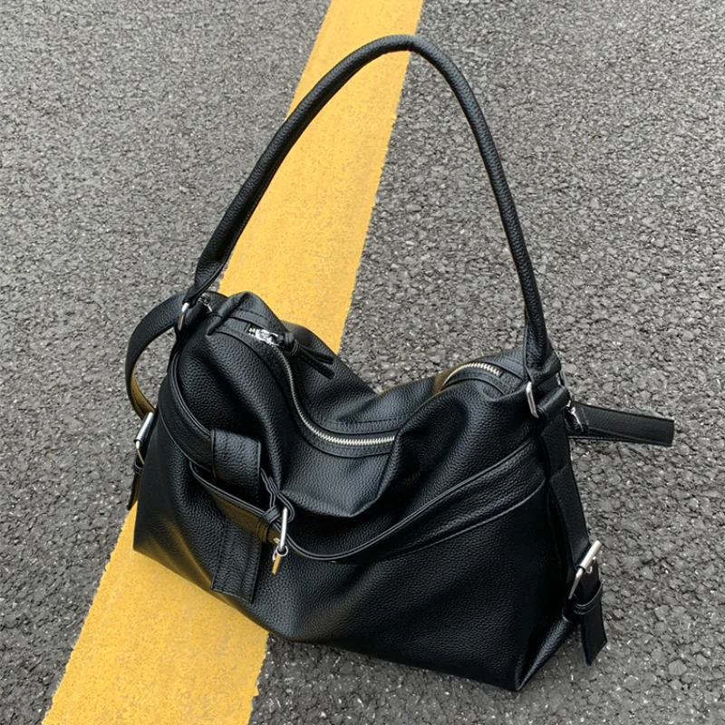 

Корейская женская сумка через плечо, простая и крутая мотоциклетная сумка, модная универсальная высококачественная сумка с узором личи, большая вместительная сумка