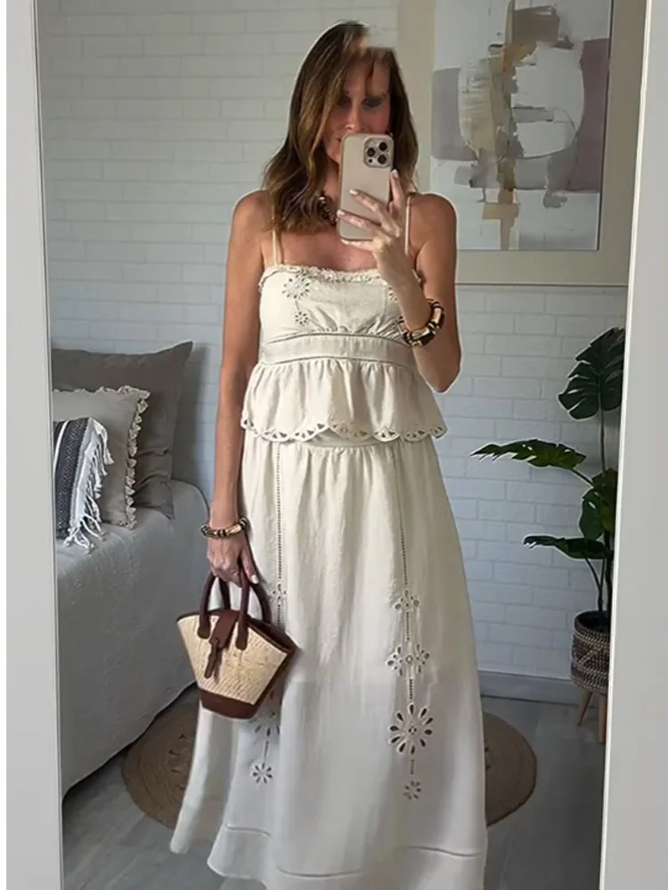 

HH женский однотонный костюм с юбкой, шикарный короткий топ без рукавов на бретельках с вышивкой + летняя модная юбка-миди трапециевидной формы с эластичной резинкой на талии