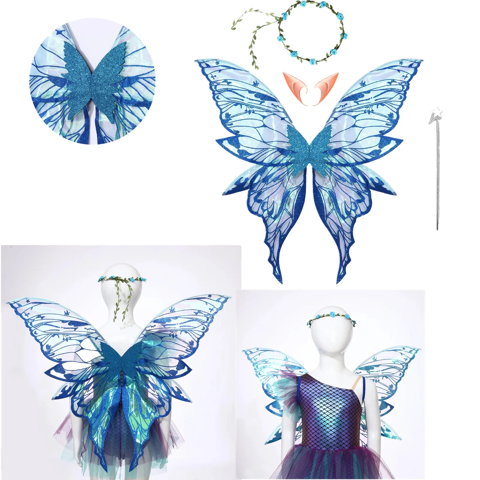 

Girls Women Butterfly Fairy Elf Costume Wing Princess Angel Wing Ears Star Fairy Stick Garland for Halloween Cosplay Party Props