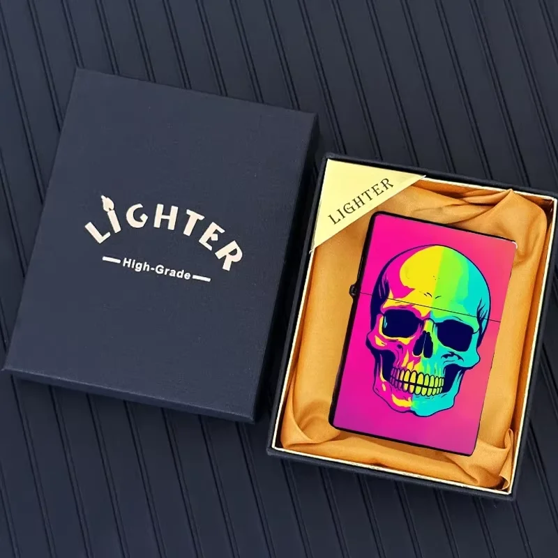 

2025 new creative personality skull open flame grinding wheel windproof metal lighter smoking gift box men's gift wholesale