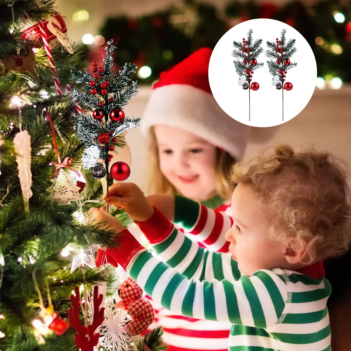 

2pcs Cone Pine Branches Artificial Christmas Pine Pick Colorful Berries Snow Ornament For Diy Home Decor Xmas Tree Arrangement