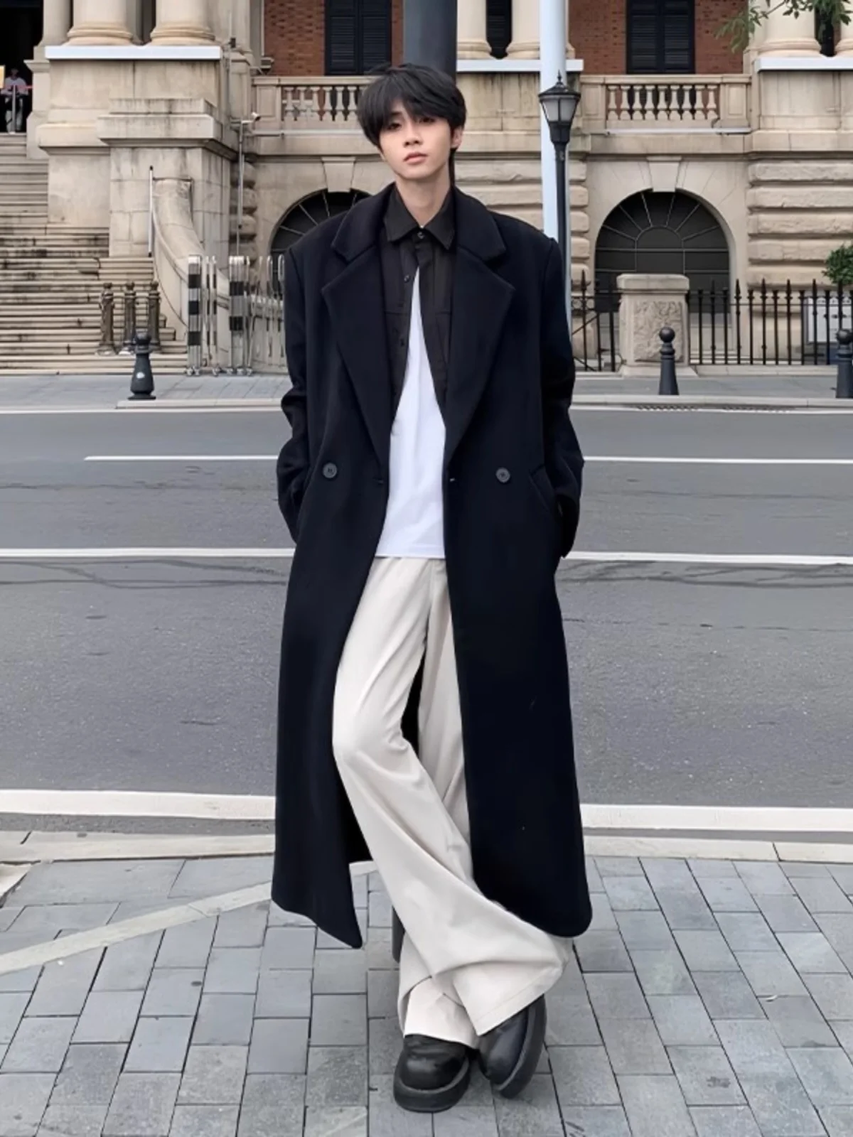 

Cleanfit Bla Long Over-Knee Woolen Men's Coat Autumn Winter Korean Sle Premium Feel oulder Length Windbreaker Jaet