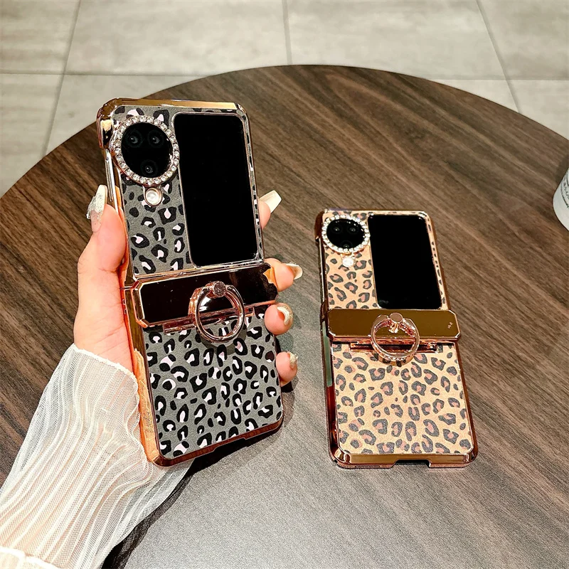 

OPPO Find N3 Flip Luxury Electroplated Protective Case with Leopard Print Ring Holder Shockproof Anti-Fingerprint Phone Cover