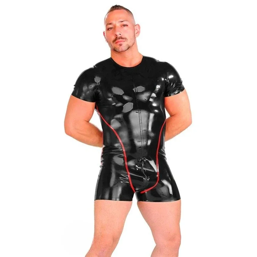 

customized eurocat latex bodysuit men's black latex short - sleeved bodysuit with crotch zipper rubber costume clubwear cosplay