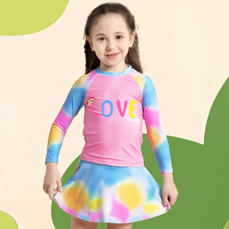 Girls Swimwear Long Sleeve Letter Print Tops+Skirts Kids Fashion Rainbow Tie-Dye Princess Style Two-Piece Swimsuits Bathing Suit