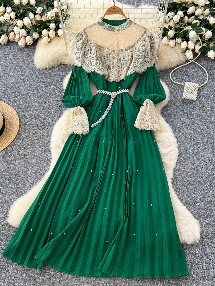 

French Court Style High-end Lantern Sleeve Dress Women's Summer Lace Mesh Ruffle Design Long Dress New