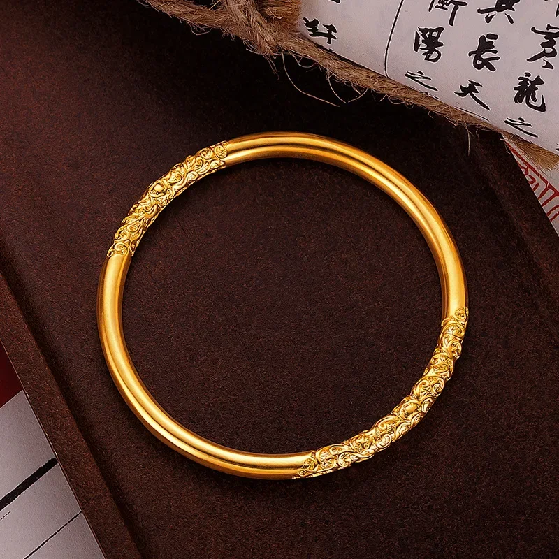 9999 Real Gold 24K Advanced Ancient Method Bauhinia Roll Grass Pattern Heritage Bracelet, Engraved Plain Ring Women's Bracelet