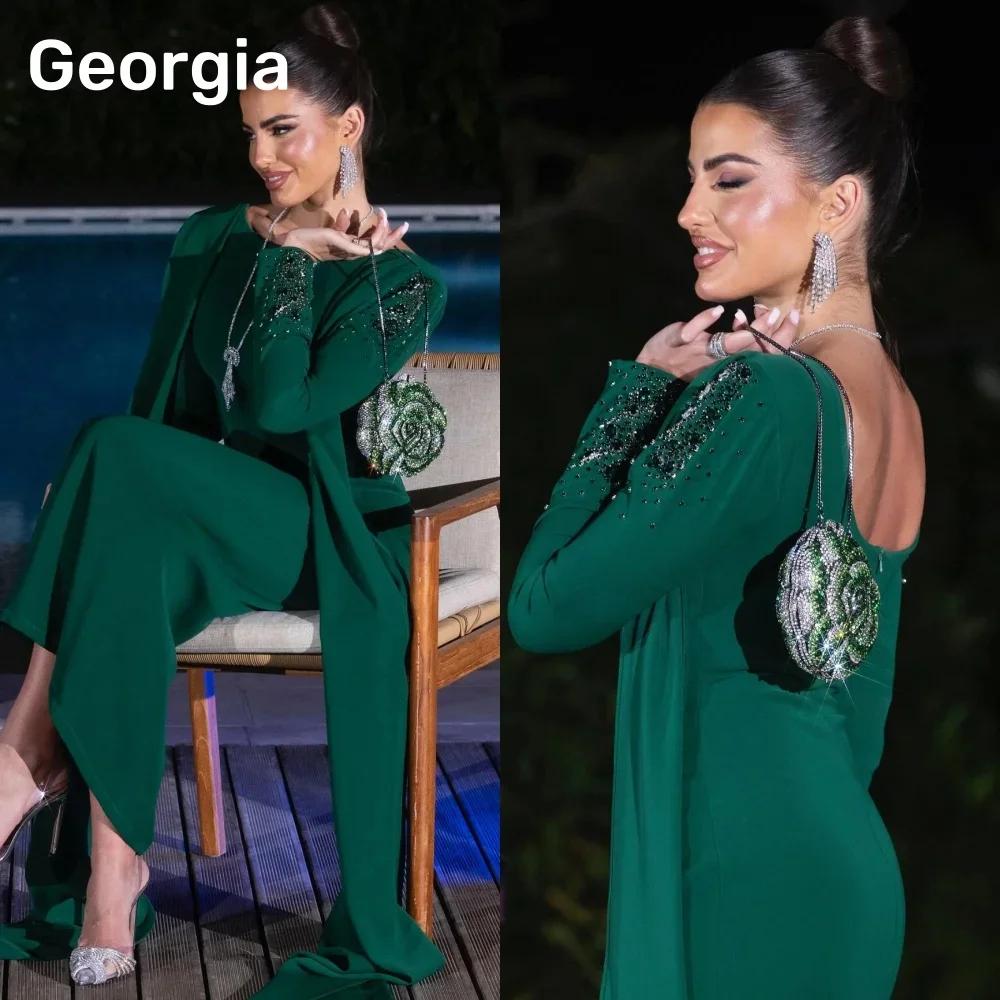 

Customized Evening Gown Prom Column Luxury Saudi Arabia Long Sleeves Prom Dresses Green Formal Occasion Cape Ankle Length