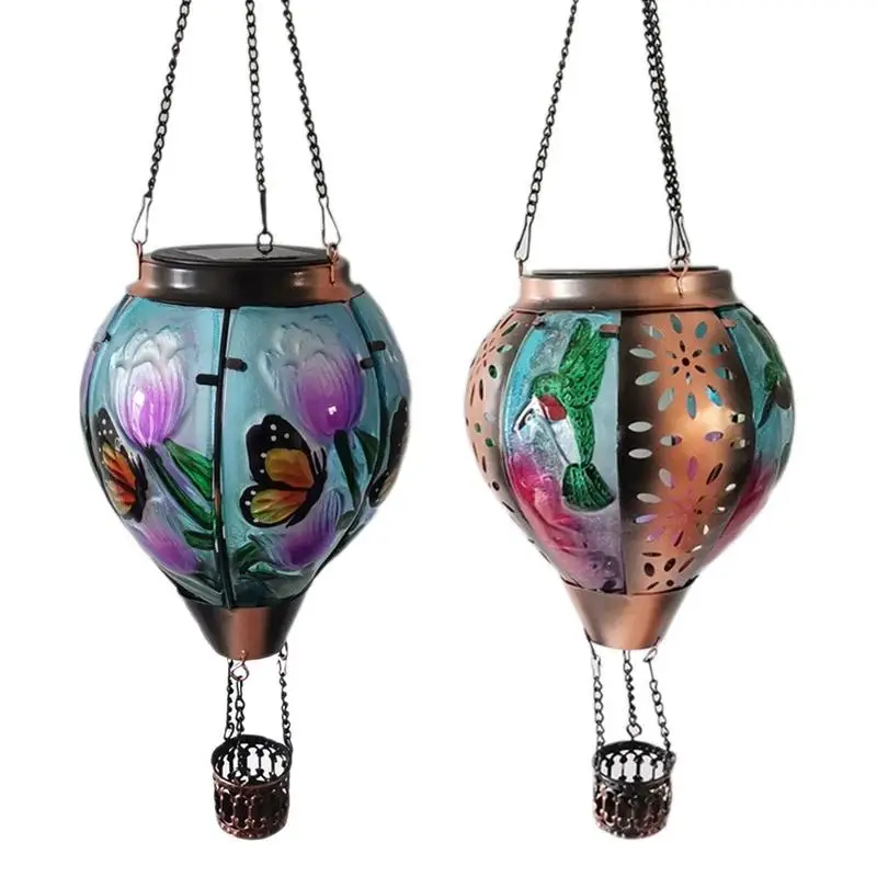 Solar Hot Air Balloon Hummingbird Butterfly LED Outdoor Lights Flame Appearance Hanging Lantern Colorful Decorative Lights