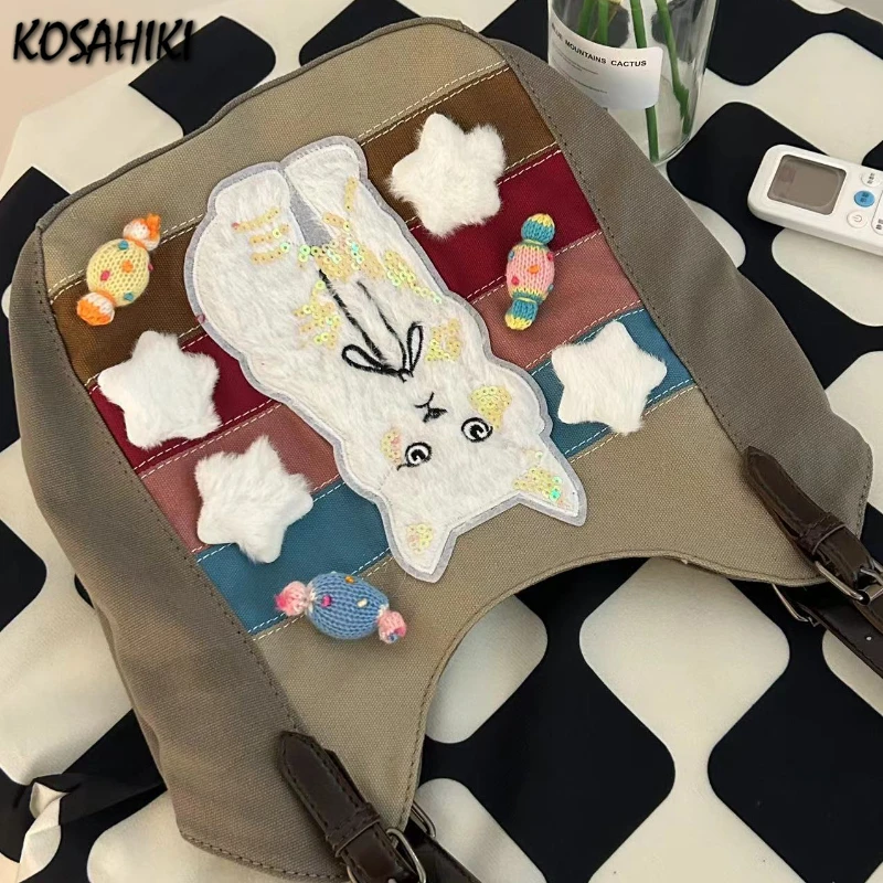 Contrast Color All Match Vintage Women's Handbags Kawaii Sweet Star Cat Shoulder Underarm Bag Patchwork Fashion Trendy Tote Bags