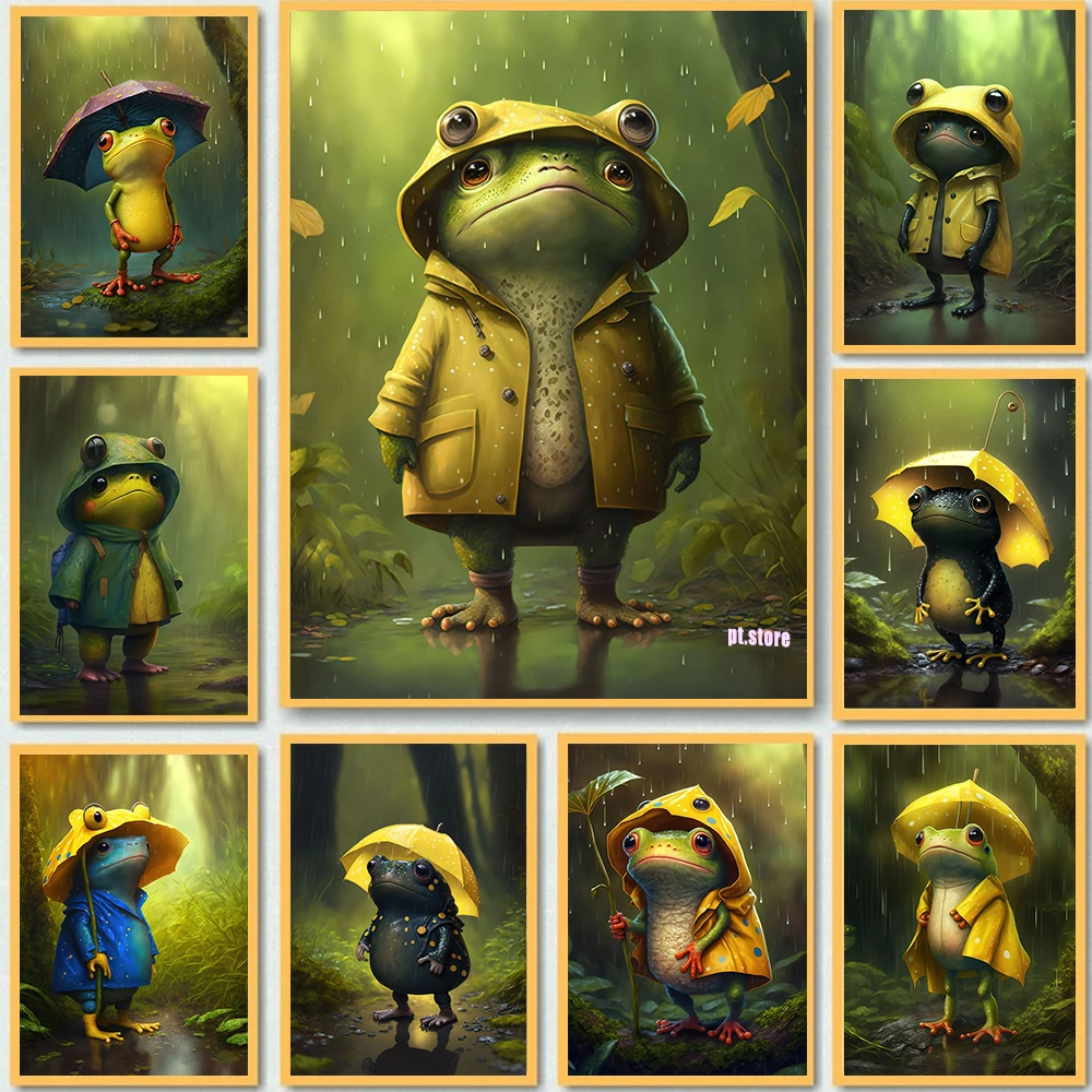 

Be Happy Frog Rain Poster Cute Frog In Raincoat Umbrella Animal Prints Canvas Painting Home Kids Room Decor Wall Art Pictures