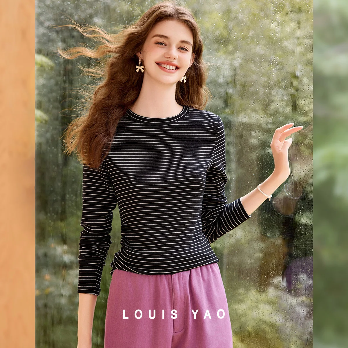 

LOUIS YAO Lyocel Fabric Striped Long-sleeved Tees 2025 Autumn/Winter Fashion Contrast Colours Tops Outerwear Women's T-shirts