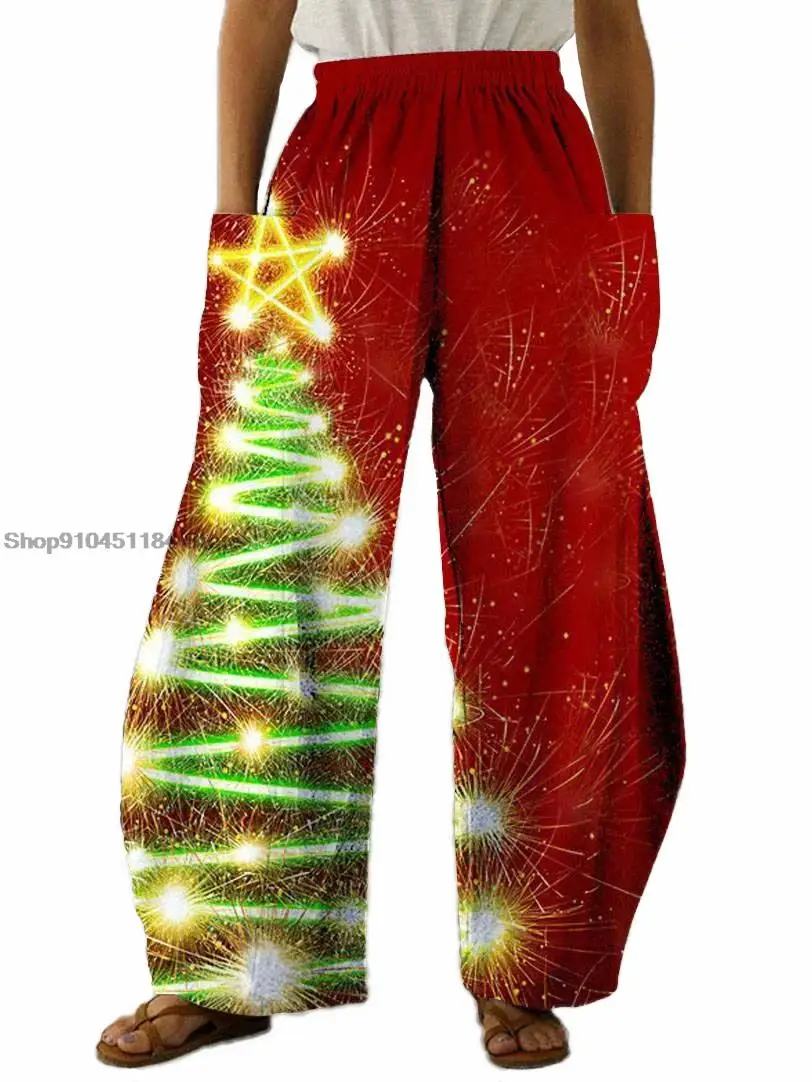 New 3D printed women\'s Christmas tree sportswear pants, pocket loose pants, high waisted straight leg pants, autumn