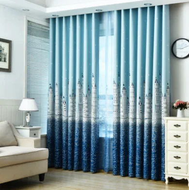Nordic Light Luxury Style Sky Blue Printed Castle Childlike Curtains Living Room Bedroom Balcony Blackout Curtains