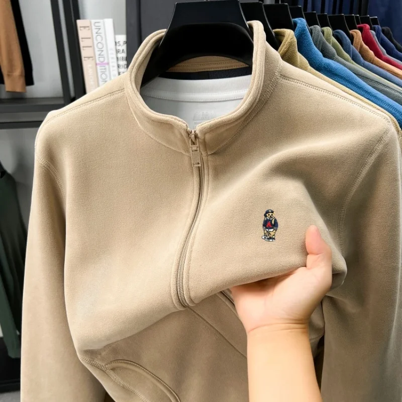 

Light luxury men's plush thicken jacket high-end brand comfort warm simple pocket new fashion cartoon teddy bear embroidery coat