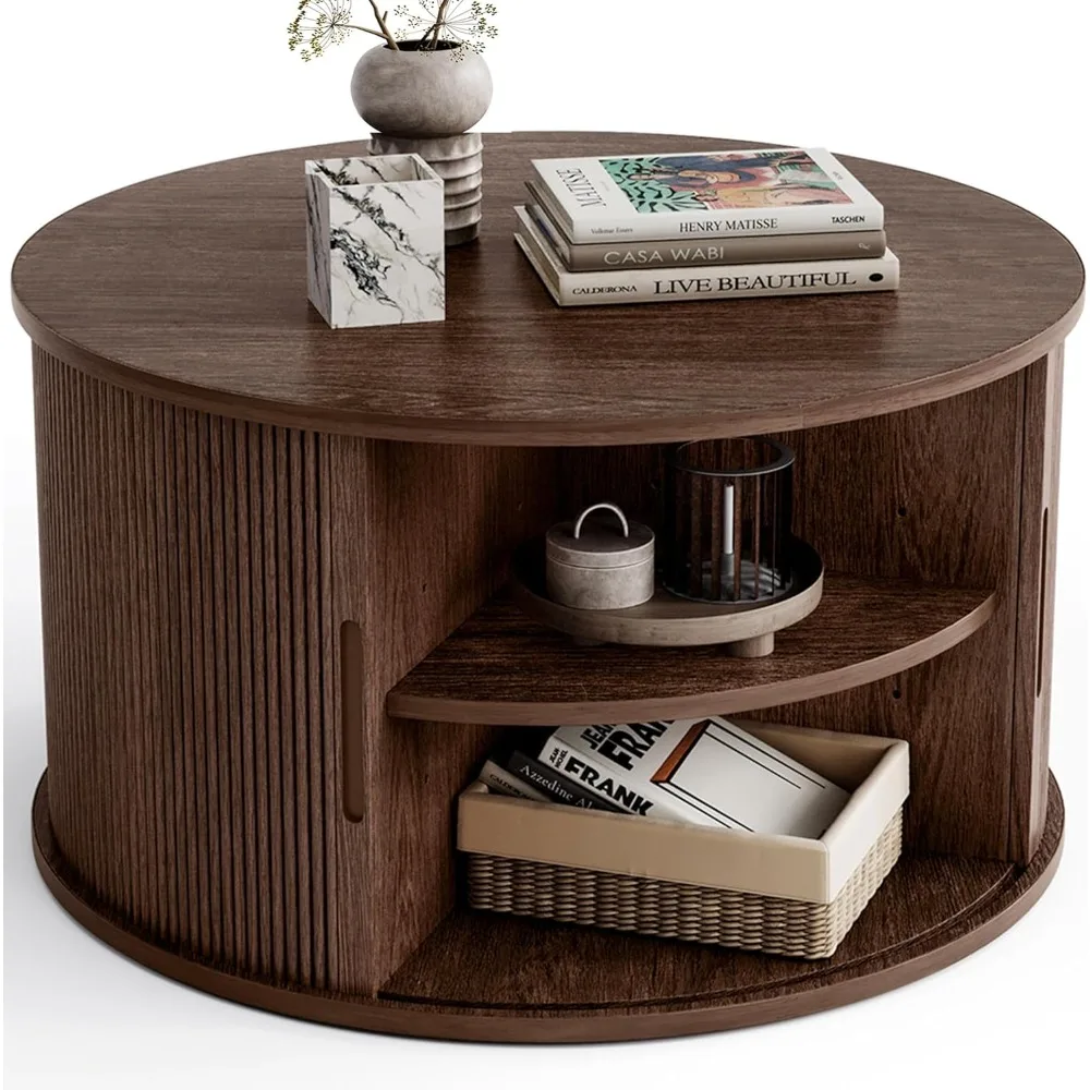 

Round Coffee Table, 31.5" Drum Coffee Table With Sliding Tambour Door, Fluted Accent Center Table With Storage, Mid C