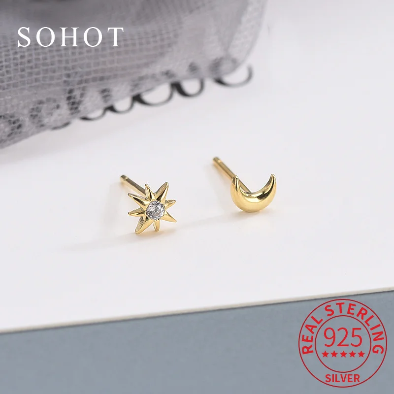 Real 925 Sterling Silver Cute Asymmetric Star Moon Stud Earrings for Elegant Women Exquisite Fine Jewelry Romantic Accessories