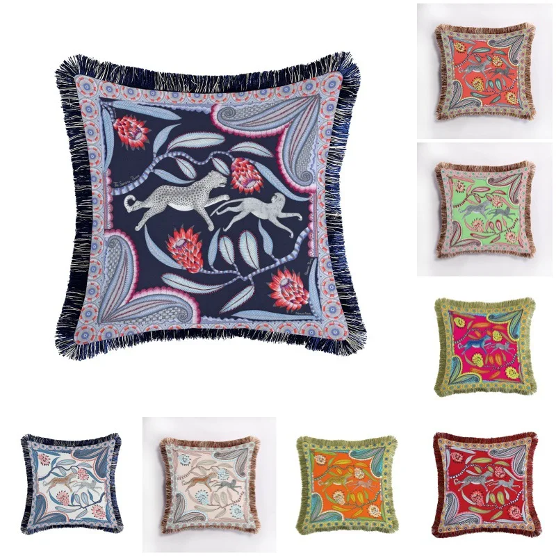 Double-sided printed high-end decorative pillow cover, sofa tassel cushion cover with artistic leopard and monkey patterns