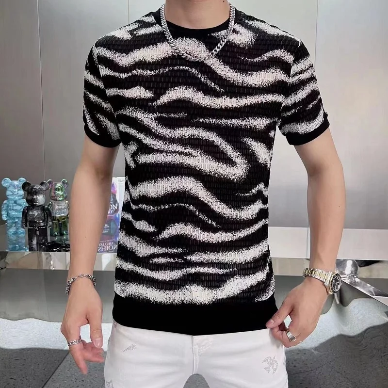

Fashion 2023 Summer Ice Silk Hollow Mesh Short Sleeve T-Shirt Hip Hop Streetwear Striped Top Tees Youth O-Neck Tshirt Clothing