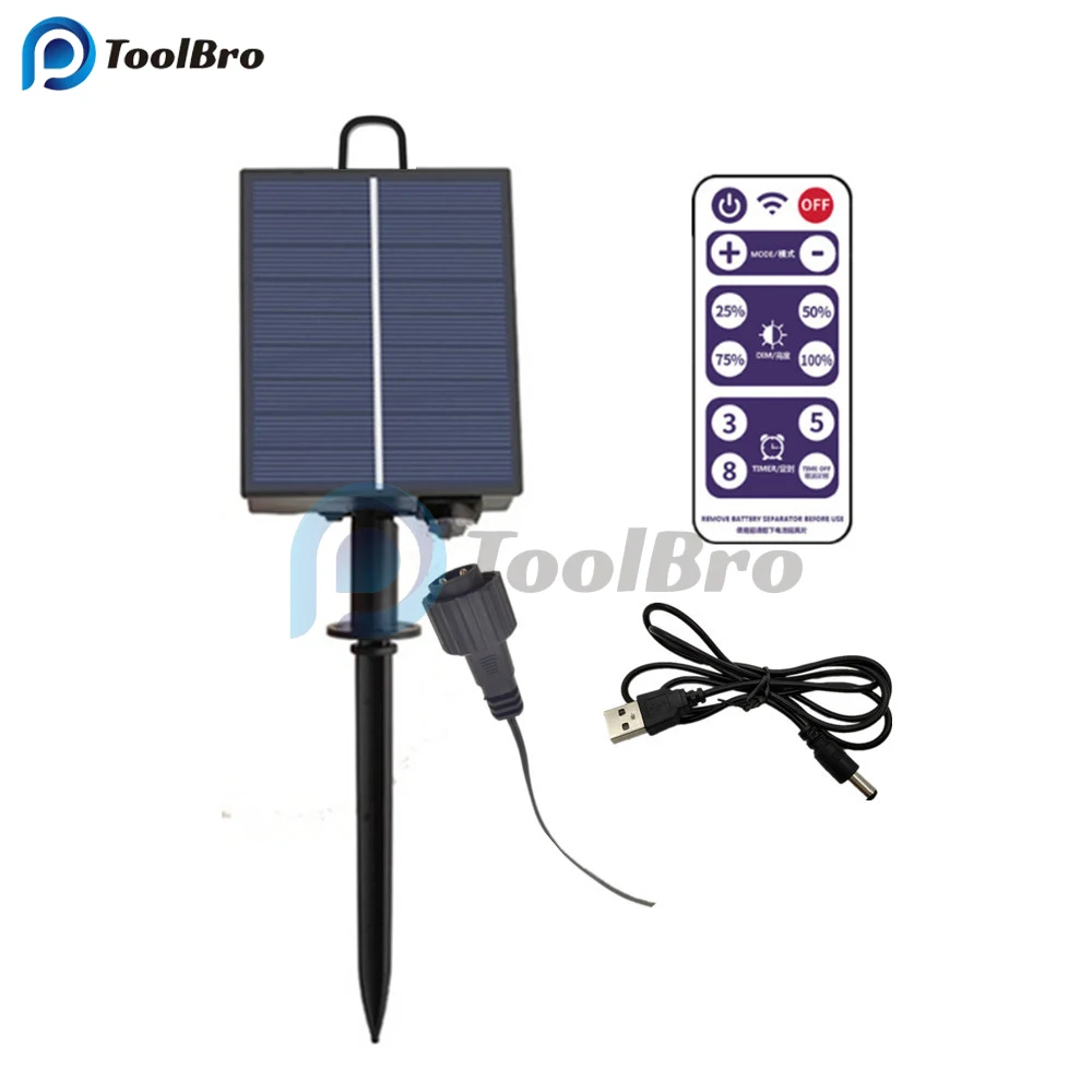 Solar Panel with 8 Flash Modes Remote Controller Male and Female Connect for 4.5V 5V 24V LED Light String Brightness Dimmer