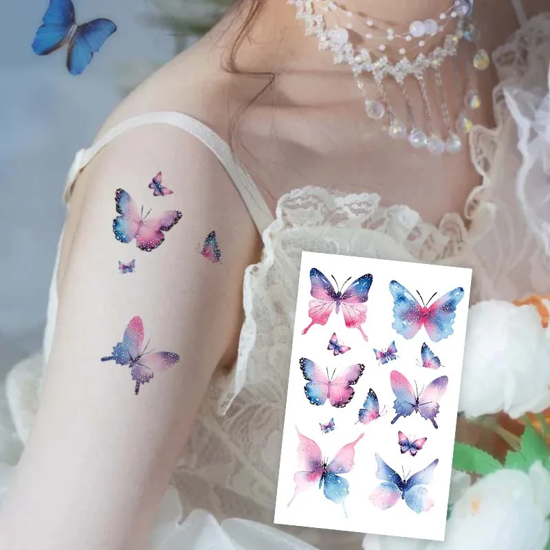 6pcs Glitter Gradient Dreamy Butterfly Waterproof Temporary Tattoo, Long-Lasting Waterproof, Realistic Fake Tattoo