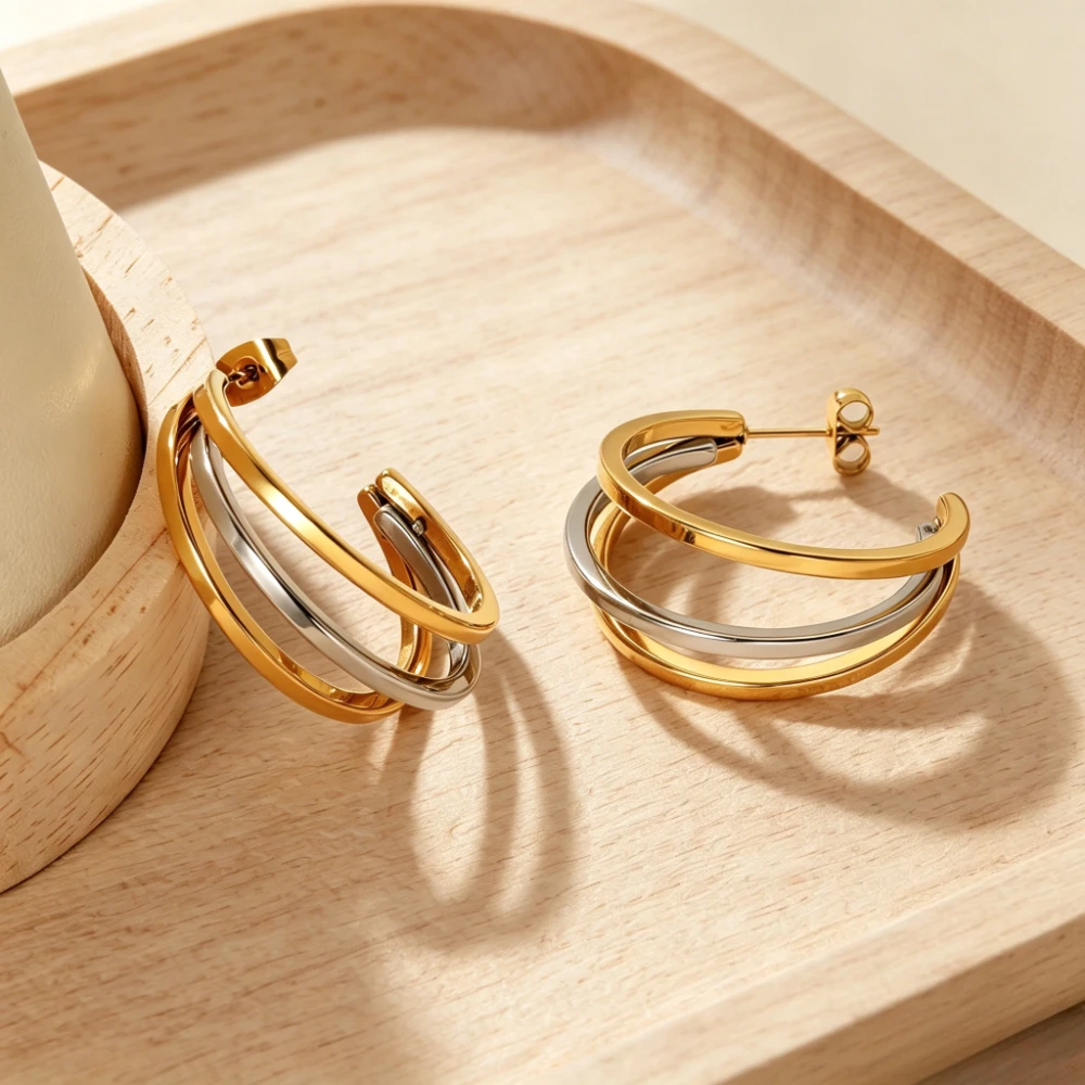 Two-tone Gold Silver Triple Intertwined Hoop Earrings 316 Stainless Steel Multi-layer Contrast Huggie Jewelry