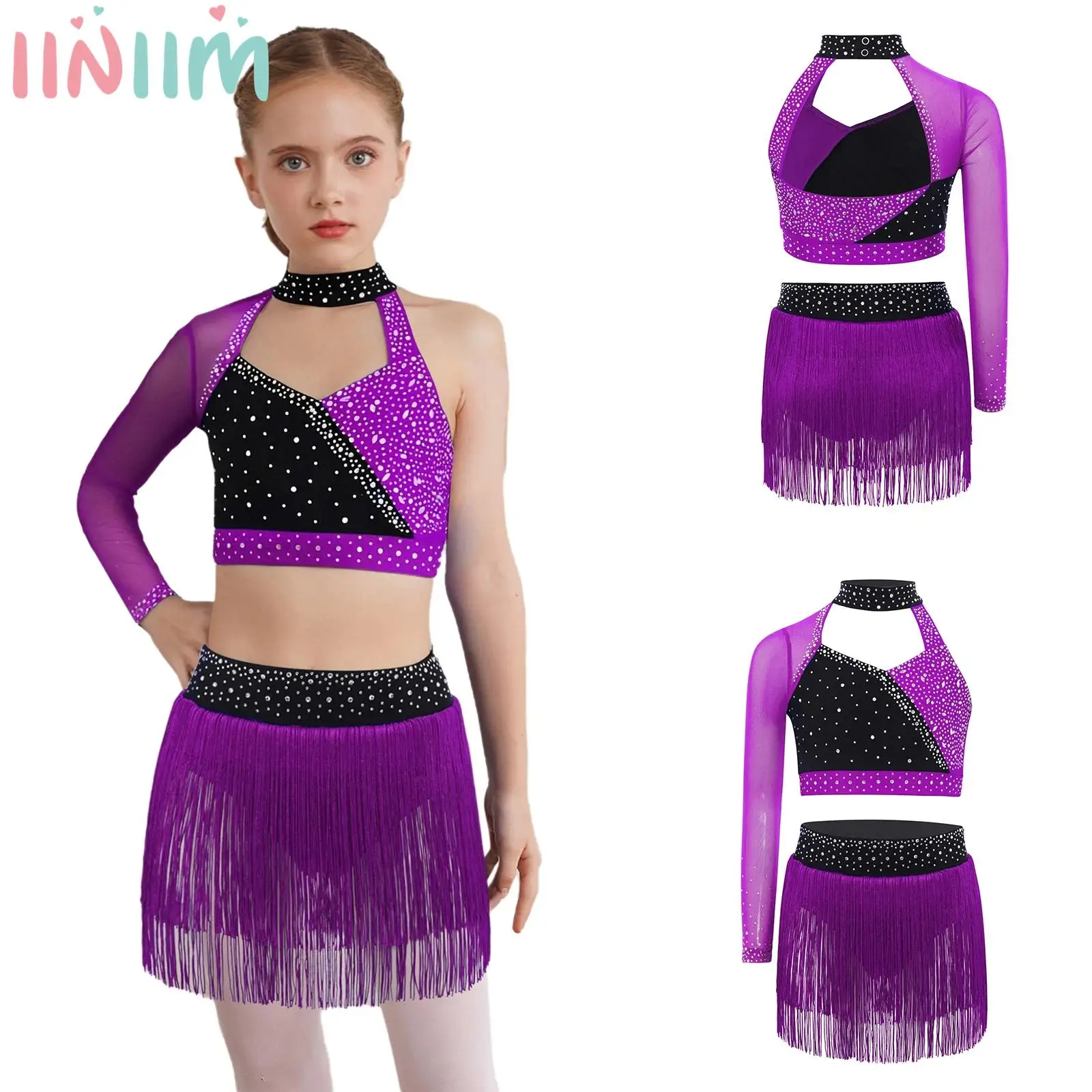 

Детские балетные комплекты для латинских танцев для девочек, детский костюм балерины, полный комплект с сетчатым верхом и трусами с кисточками, юбкой