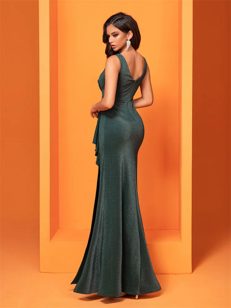 Lucyinlove Elegant Fancy Green V-Back Formal Evening Dress New Women Sleeveless Pleated Wedding Party Dresses Long Mermaid Gowns