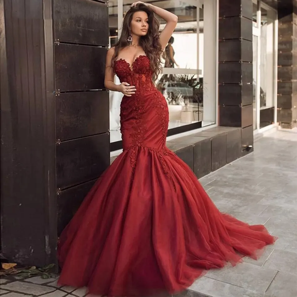 

Женское вечернее платье с аппликацией, бордовое кружевное платье-русалка без рукавов, официальное платье для вечеринки, 2023