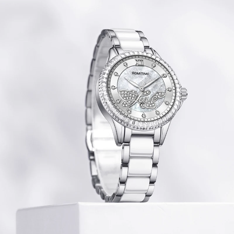 ROMITIME Women Quartz Watch Luxury LOVE-Inspired Pattern Calendar Ceramic-Steel Bracelet 30M Waterproof Luminous Lady Clock