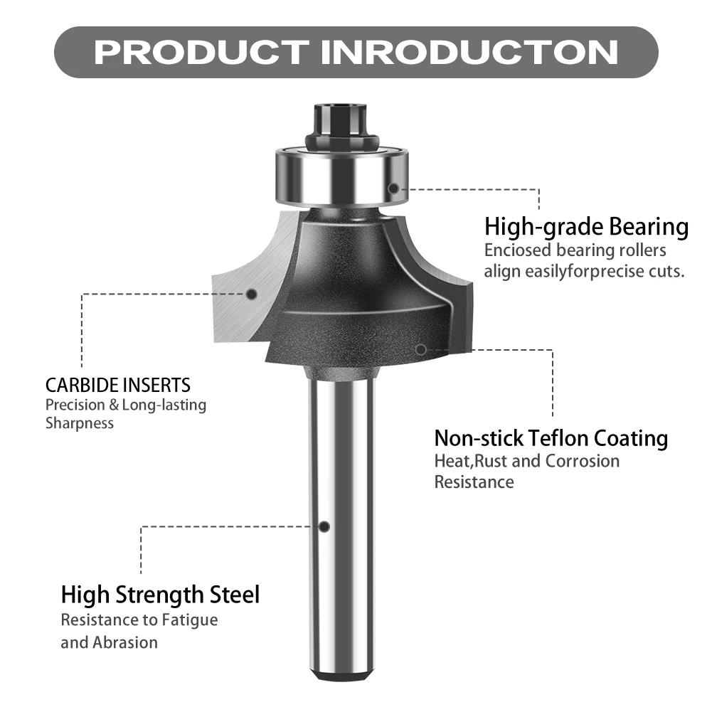 Haste Canto Redondo Sobre Router Bit, Cortador De Carboneto De Tungstênio, 1,4 & 6mm, BearingMilling Cutter para Madeira, Carpintaria