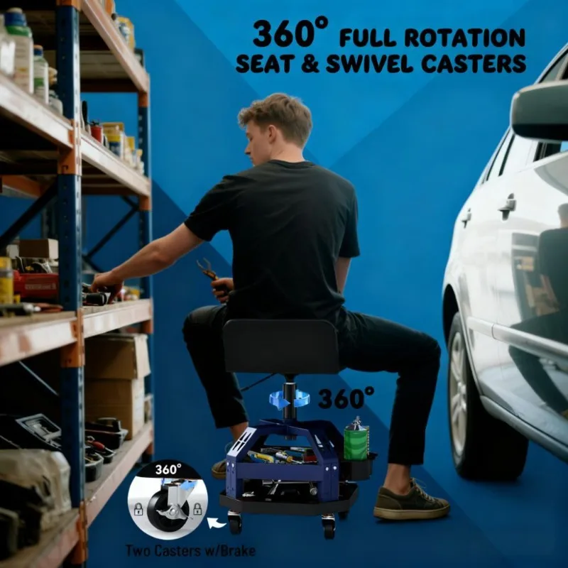 Sgabello da garage Rolling Creeper Vassoio per attrezzi regolabile in altezza Sgabello meccanico ad alta capacità con ruote girevoli