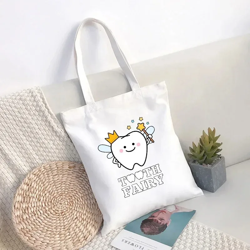 

Kawaii Dental Print Canvas Tote Bag Cartoon Tooth Fairy Floral Tooth Pattern Shoulder Bag For Daily Use Dental Profession