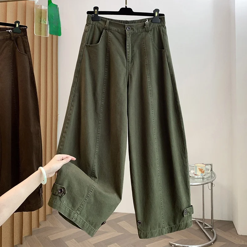 Retro Workwear Style Loose Fit Wide Leg Jeans Women's Autumn New Casual Slimming Casual Knife  Pants Half Elastic Waist