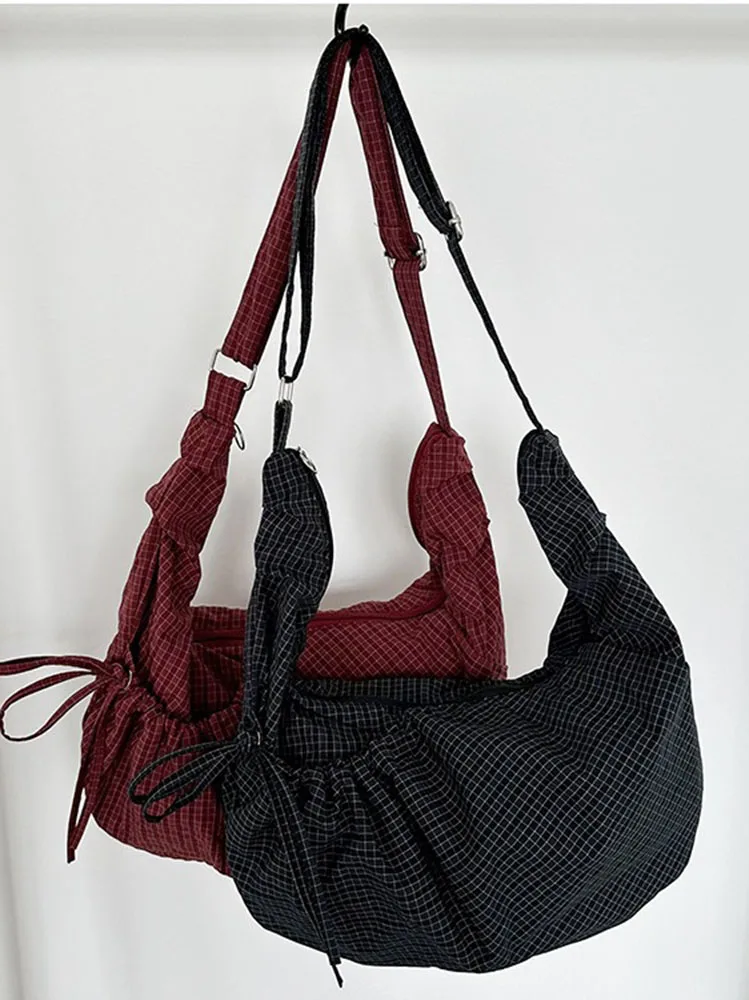 Koreanische karierte Hobo-Tasche mit Kordelzug, große Kapazität, Canvas-Umhängetasche, lässige Alltagstasche für Damen – Detail 5