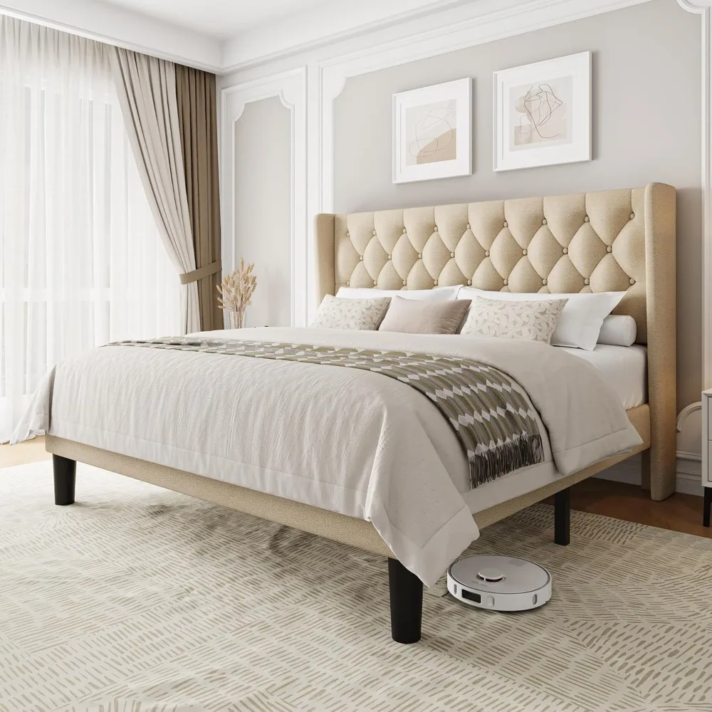 

King Size Upholstered Bed Frame with Wingback Headboard, Fabric Linen Platform Bed, 8" Under Bed Storage, Wooden and Metal
