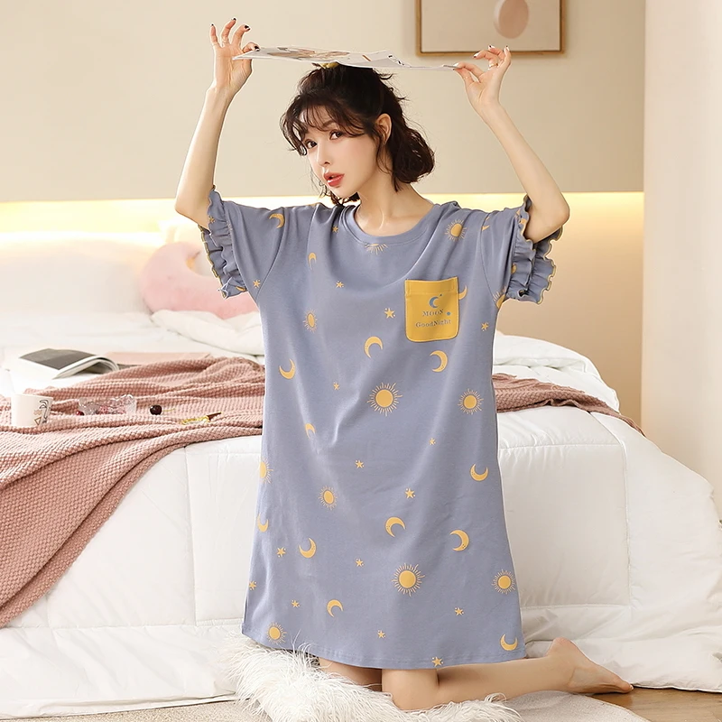 Big Size M-5XL Women Nightgown With Chest Pad Summer Sweet Girl Lounge Cute Cartoon Nightdress Short Sleeve Casual Nightwear