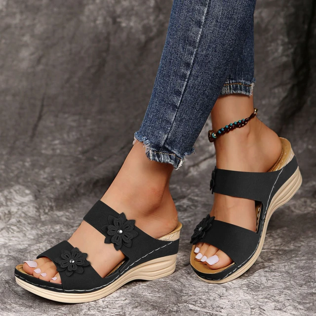 Ladies Boho Sandals Solid Color Wedge Soft Sole Comfy Daily Sandals Casual Open Toe Vintage Thick Sole Simple Sandals For Women AliExpress