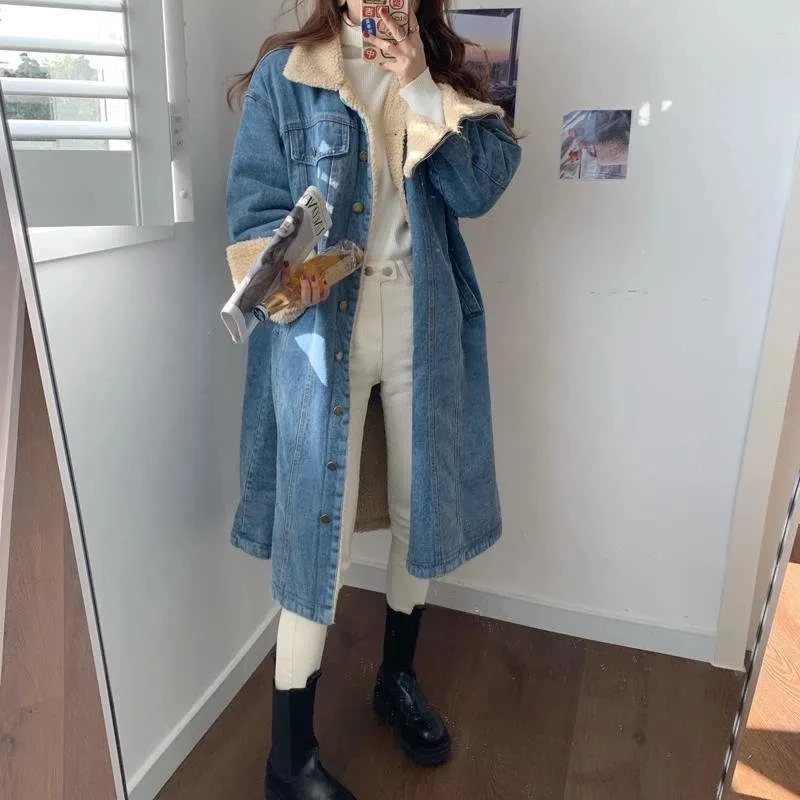 

Women Lamb Fleece Thickened Denim Windbreaker Coat Autumn Winter Korean New Style Loose Mid Length Jacket British Style Coat