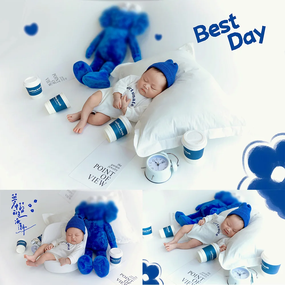 

0 Month Newborn Baby Bodysuit Knitted Hat Babies Clothes Studio Photography Outfits Blue Doll Coffee Cup Photo Decoration Props