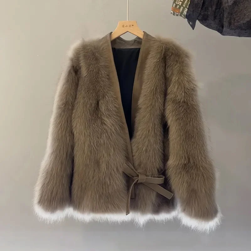 Women's Imitation Fur Jacket For Autumn Winter 2025 Light Luxury Fur Coat Lady's Splicing Outwear Loose Women's Coat Lace up