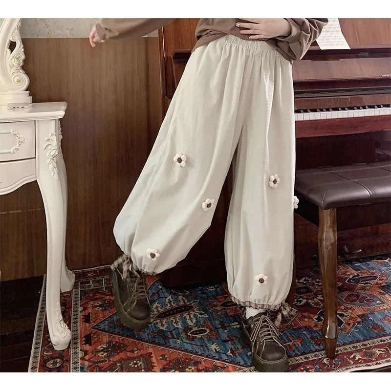 Vintage Loose 3D Flowers Brown Lantern Pants Women Spring Autumn Winter Sweet Cute Mori Girl Style High Waist Wide Leg Trousers